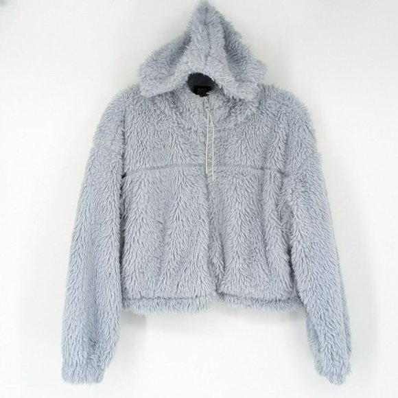 BDG Urban Outfitters Hoodie M Blue Sherpa Cropped Teddy Jacket Full Zip Cozy - Picture 12 of 12